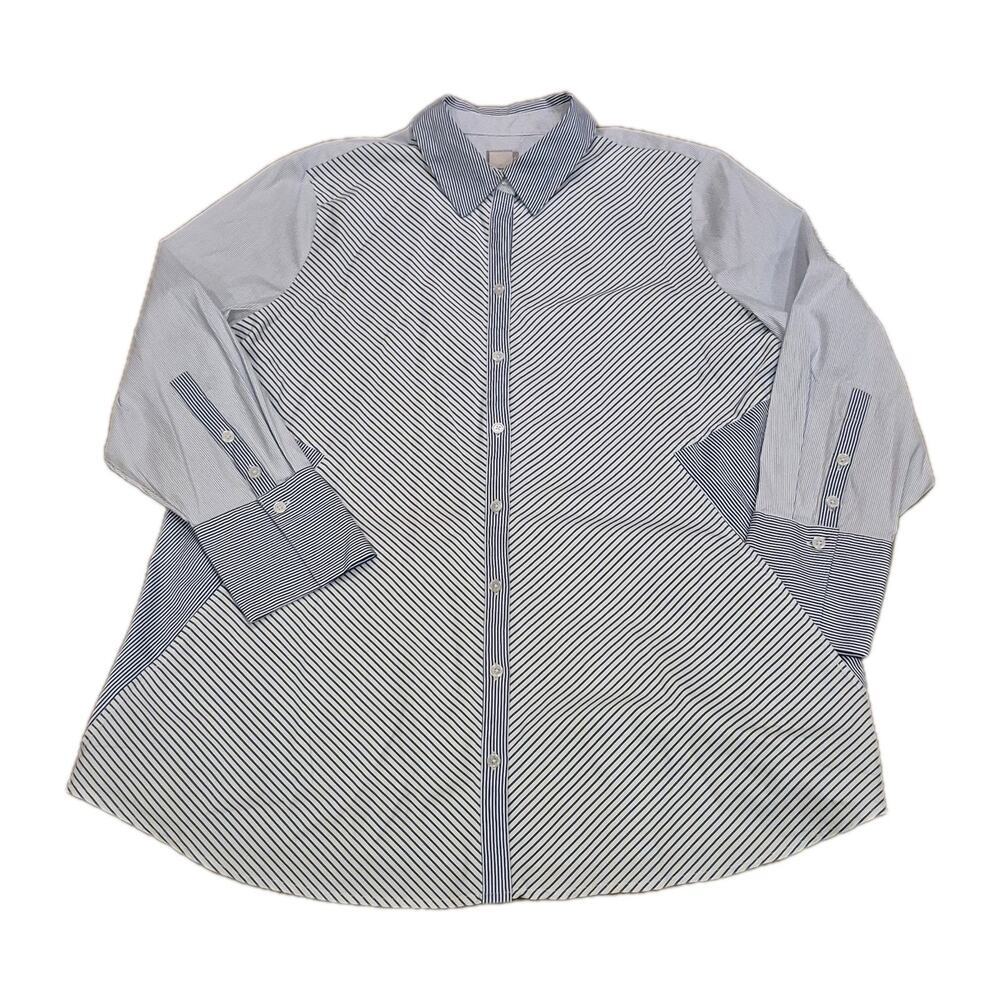 Chico's Multi Striped Button Up Shirt 3 US 16 Blue & White Tunic Pockets Coastal